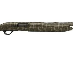 Camouflage hunting rifle with a long barrel on a white background.