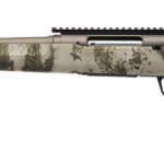 Camouflage bolt-action sniper rifle with a long barrel and camouflage stock against a white background