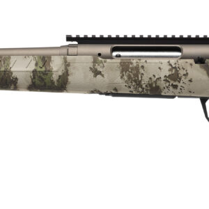 Camouflage bolt-action sniper rifle with a long barrel and camouflage stock against a white background
