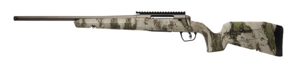 Camouflage bolt-action sniper rifle with a long barrel and camouflage stock against a white background
