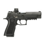 Side view of a black semi-automatic handgun with a mounted optic sight on top and textured grip.