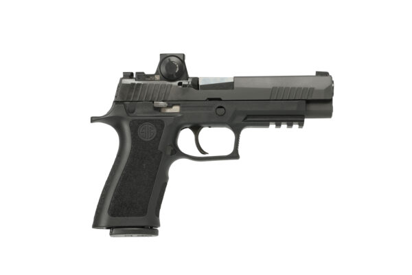 Side view of a black semi-automatic handgun with a mounted optic sight on top and textured grip.