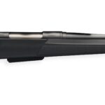 Bolt-action rifle with black synthetic stock and long barrel, shown in profile for hunting use