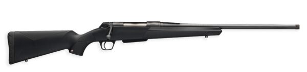 Bolt-action rifle with black synthetic stock and long barrel, shown in profile for hunting use