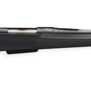 Bolt-action hunting rifle with a black synthetic stock and long barrel.