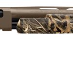 Camouflage-pattern hunting shotgun with a long barrel and brown receiver, designed for field use