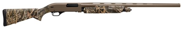 Camouflage-pattern hunting shotgun with a long barrel and brown receiver, designed for field use