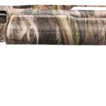 Camouflage-pattern hunting rifle with a long barrel and synthetic stock.