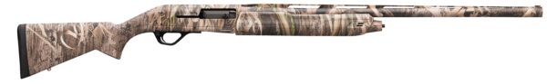 Camouflage-pattern hunting rifle with a long barrel and synthetic stock.