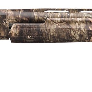 Camouflage-patterned hunting shotgun shown in a side profile with a long barrel and stock.