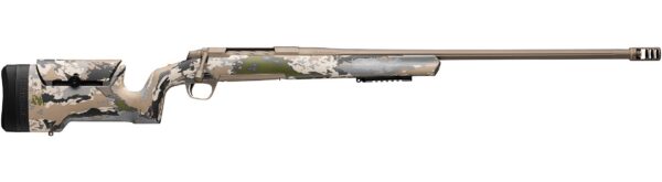 Camouflage-pattern bolt-action rifle shown in profile with a long barrel and desert-toned stock details.