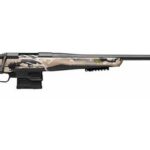 Camouflage bolt-action hunting rifle seen from the side with a black stock against a white background, profile view.