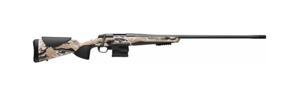 Camouflage-pattern bolt-action hunting rifle with black stock and barrel, and a detachable magazine
