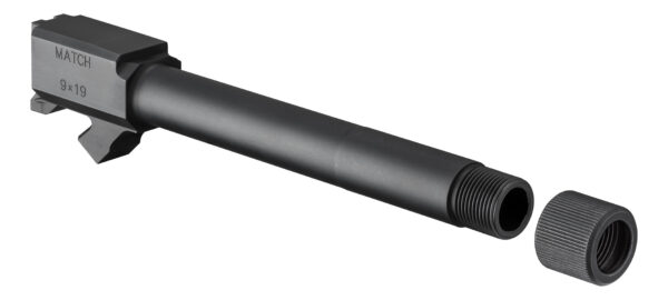 Match-grade 9×19mm pistol barrel with threaded end and protective cap (gun accessory component).
