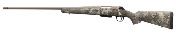 Camouflage-pattern bolt-action hunting rifle with a tan barrel laid horizontally on a white background