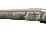 Bolt-action hunting rifle with a camouflage stock and tan barrel, shown in profile on a white background.