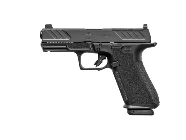 Black semi-automatic pistol shown in profile with a textured grip on a white background
