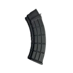 Curved black rifle magazine standing upright