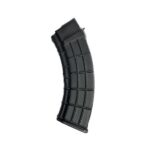 Curved black rifle magazine with ribbed panels, standing upright.