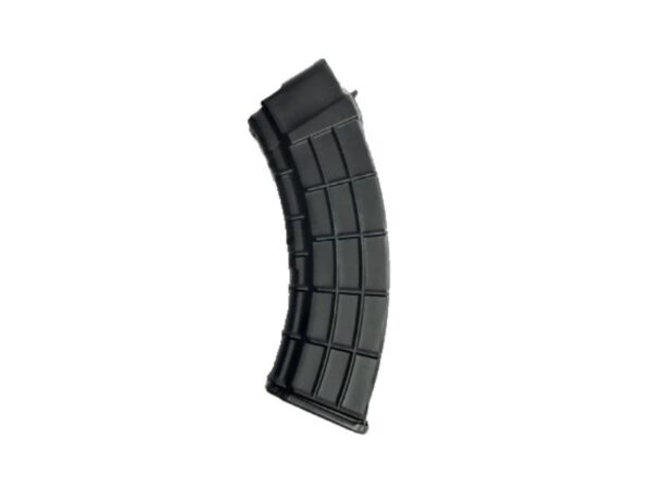 Curved black rifle magazine with ribbed panels, standing upright.